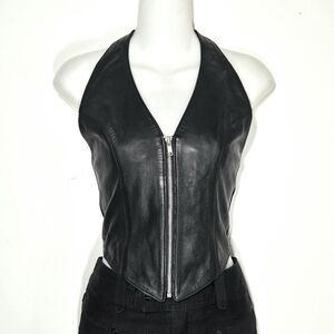 Women's Black Leather Zipper Halter Vest Top